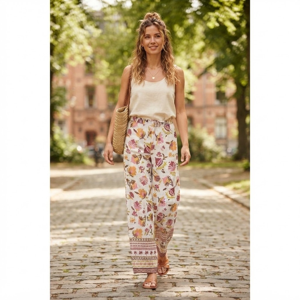 Good Luck Gem Womens Small Floral Wide Leg Linen Blend Pants Boho Cream Festival